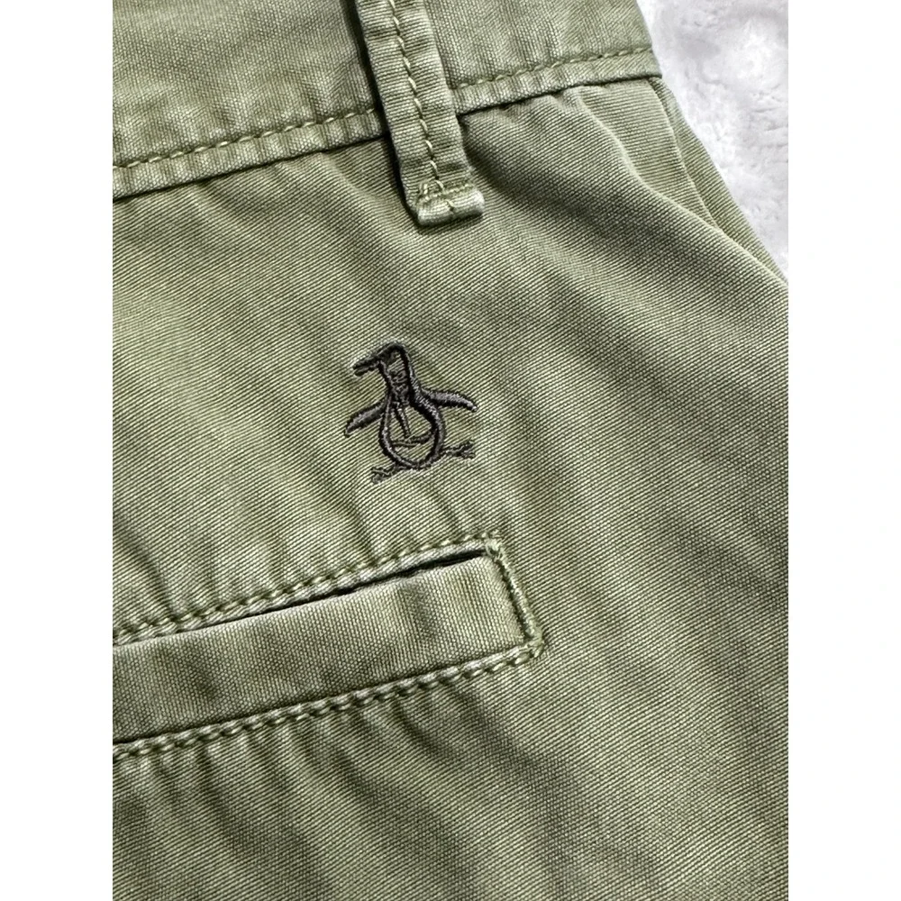 Original Penguin Khaki Shorts Mens Size 36 Green Zippered Button Embroidered